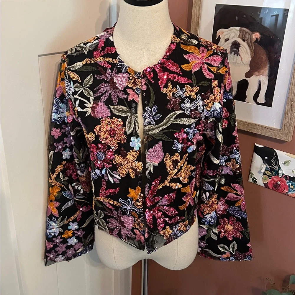 Anthropologie TINY floral slightly cropped sequins lined party Small blazer